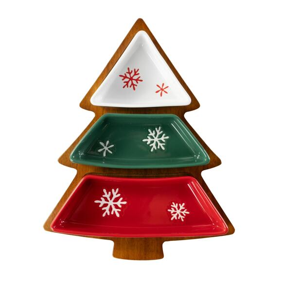 Acacia Wood 4 Pieces Christmas Tree Shaped Charcuterie Tray with Ceramic Bowls - Picture 1 of 13